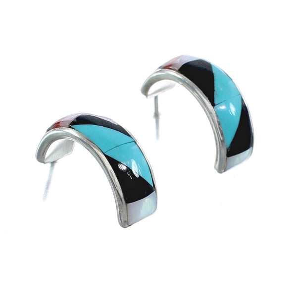 Multicolor Inlay Zuni Indian Sterling Silver Post Hoop Earrings AX125410
